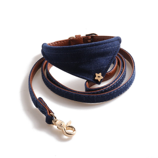 PU Leather Bandana Collar and Leash Set - Blue